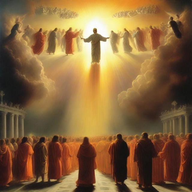 A breathtaking scene of the rapture, with people ascending towards a bright, fiery bright orange light in the sky, surrounded by clouds and a sense of divine presence