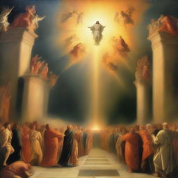 A breathtaking scene of the rapture, with people ascending towards a bright, fiery bright orange light in the sky, surrounded by clouds and a sense of divine presence