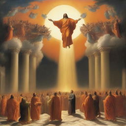 A breathtaking scene of the rapture, with people ascending towards a bright, fiery bright orange light in the sky, surrounded by clouds and a sense of divine presence