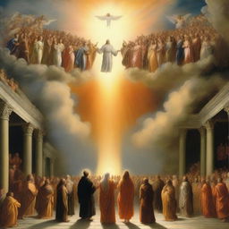 A breathtaking scene of the rapture, with people ascending towards a bright, orange light in the sky, surrounded by clouds and a sense of divine presence