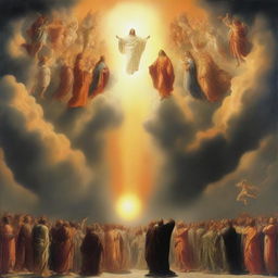 A breathtaking scene of the rapture, with people ascending towards a bright, orange light in the sky, surrounded by clouds and a sense of divine presence