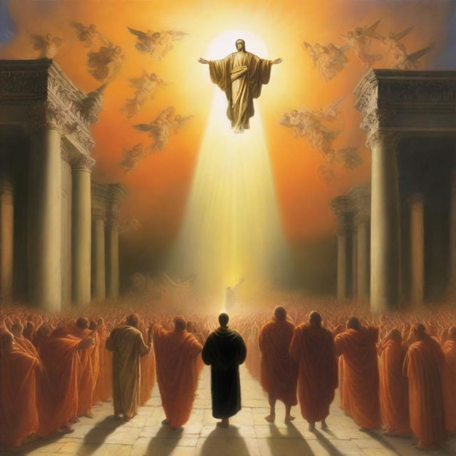 A breathtaking scene of the rapture, with people ascending towards a bright, orange light in the sky, surrounded by clouds and a sense of divine presence