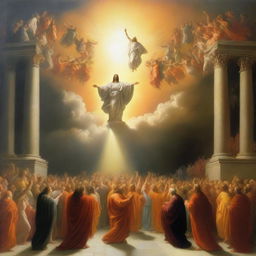 A breathtaking scene of the rapture, with people ascending towards a bright, orange light in the sky, surrounded by clouds and a sense of divine presence