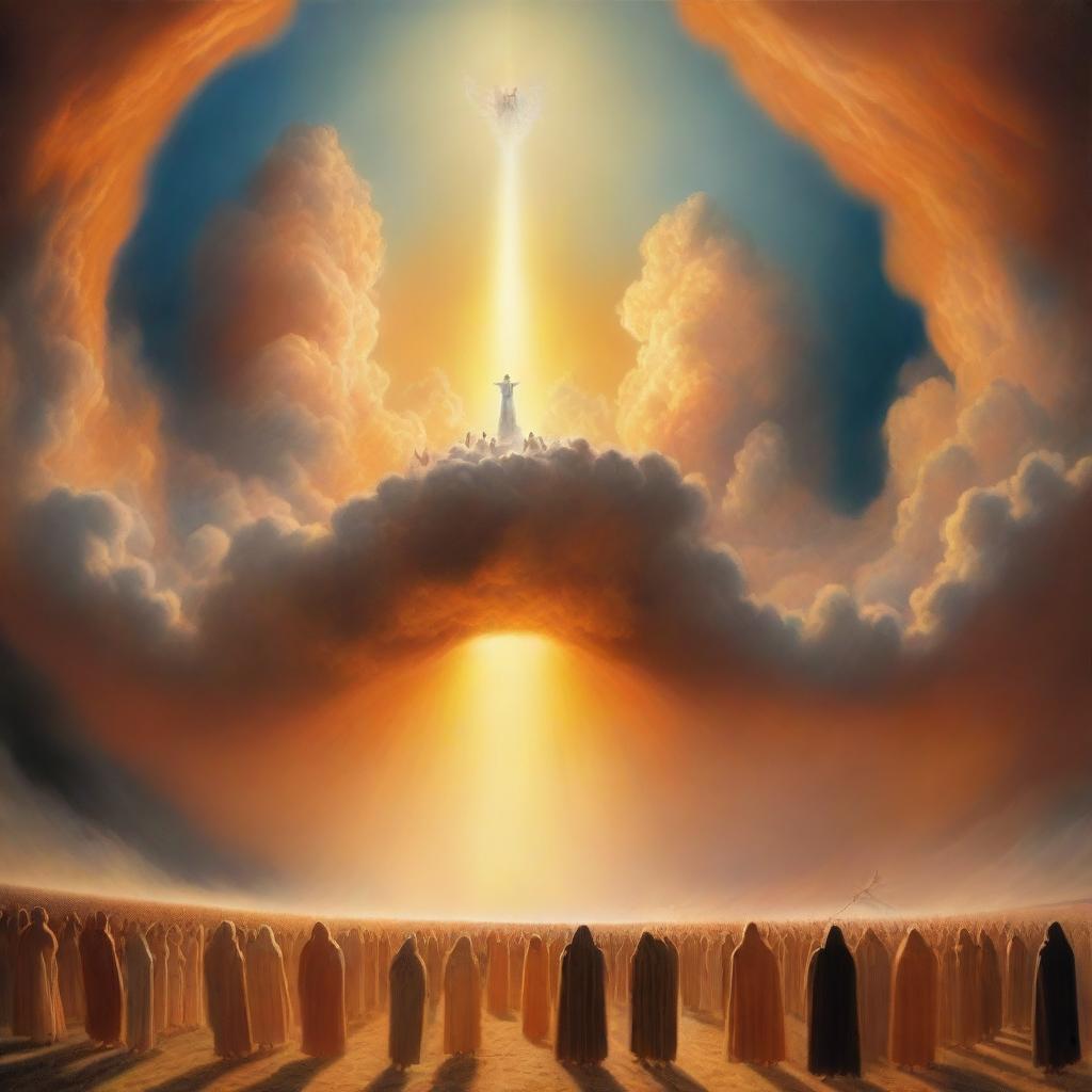 A breathtaking scene of the rapture, with people ascending towards a bright, orange light in the sky, surrounded by clouds and a sense of divine presence