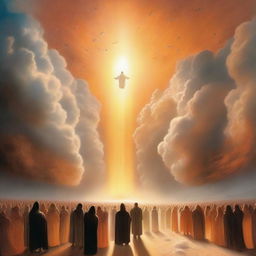 A breathtaking scene of the rapture, with people ascending towards a bright, orange light in the sky, surrounded by clouds and a sense of divine presence