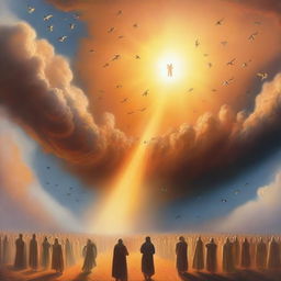 A breathtaking scene of the rapture, with people ascending towards a bright, orange light in the sky, surrounded by clouds and a sense of divine presence