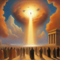 A breathtaking scene of the rapture, with people ascending towards a bright, orange light in the sky, surrounded by clouds and a sense of divine presence