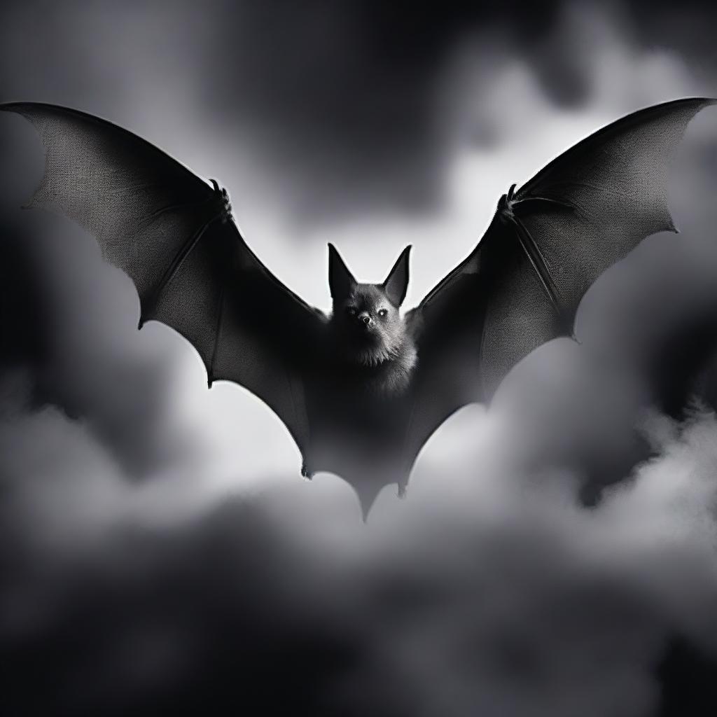 A captivating book cover featuring a bat emerging from the darkness with smoke swirling around it