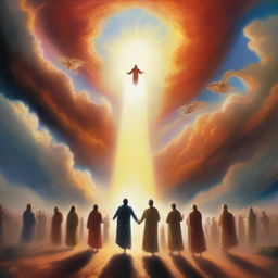 A breathtaking scene of the rapture, with people ascending towards a bright, fiery light in the sky, surrounded by clouds and a sense of divine presence