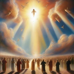 A breathtaking scene of the rapture, with people ascending towards a bright, fiery light in the sky, surrounded by clouds and a sense of divine presence