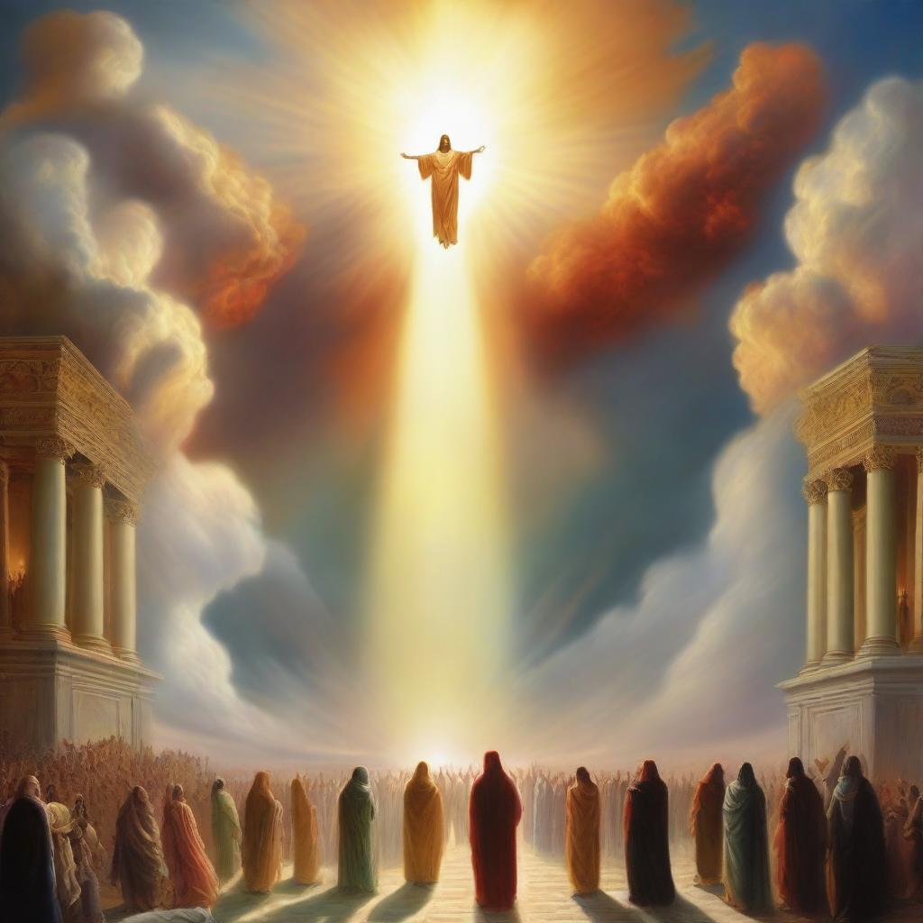 A breathtaking scene of the rapture, with people ascending towards a bright, fiery light in the sky, surrounded by clouds and a sense of divine presence