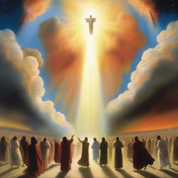 A breathtaking scene of the rapture, with people ascending towards a bright, fiery light in the sky, surrounded by clouds and a sense of divine presence