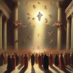 Create a breathtaking scene of the rapture, with numerous people ascending towards a bright, fiery light in the sky