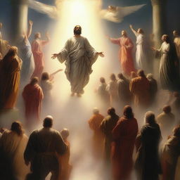 Create a breathtaking scene of the rapture, with numerous people ascending towards a bright, fiery light in the sky