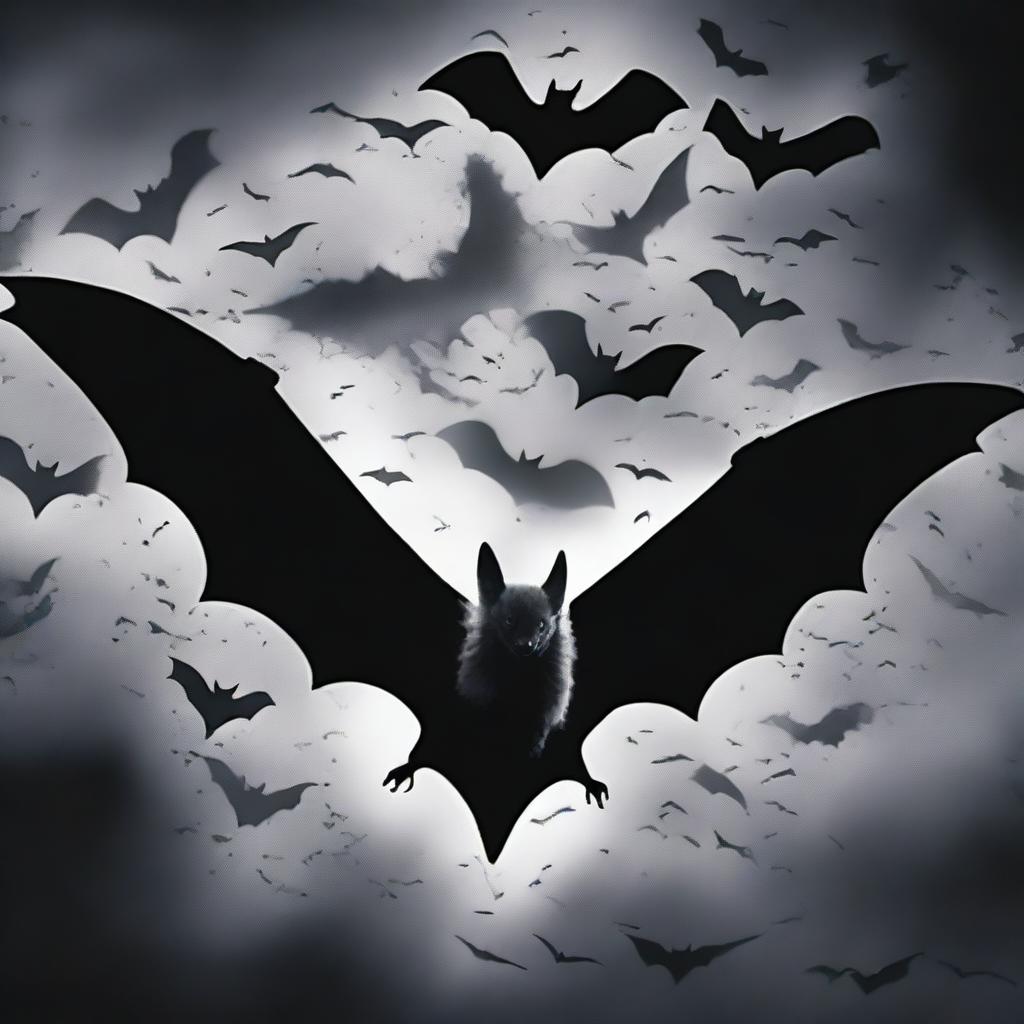 A thrilling book cover featuring many bats emerging from the darkness with smoke swirling around them