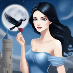 A beautiful woman with black hair and blue eyes is standing in a castle, holding an almost stainless steel gray rose