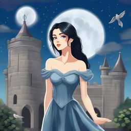 A beautiful woman with black hair and blue eyes is standing in a castle, holding an almost stainless steel gray rose