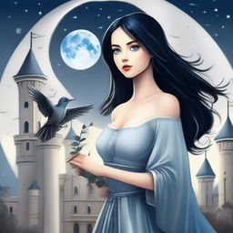 A beautiful woman with black hair and blue eyes is standing in a castle, holding an almost stainless steel gray rose