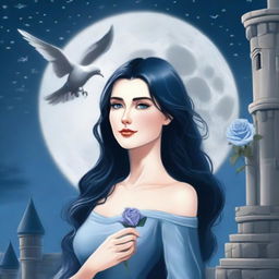 A beautiful woman with black hair and blue eyes is standing in a castle, holding an almost stainless steel gray rose