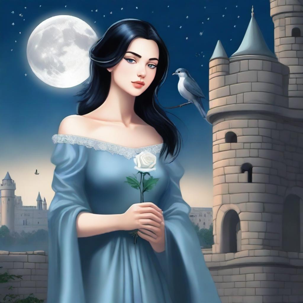 A beautiful woman with black hair and blue eyes is standing in a castle, holding an almost stainless steel gray rose