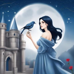 A beautiful woman with black hair and blue eyes is standing in a castle, holding an almost stainless steel gray rose