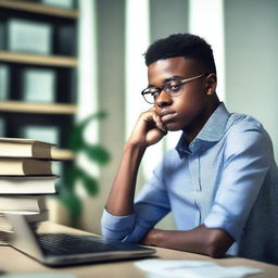 A young man sitting at a desk with a thoughtful expression, surrounded by books and a computer