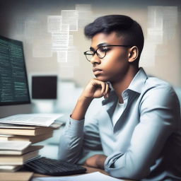 A young man sitting at a desk with a thoughtful expression, surrounded by books and a computer