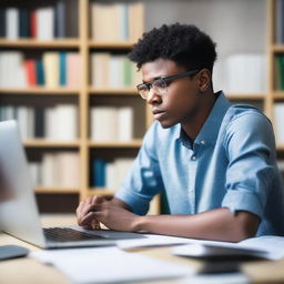 A young man sitting at a desk with a thoughtful expression, surrounded by books and a computer