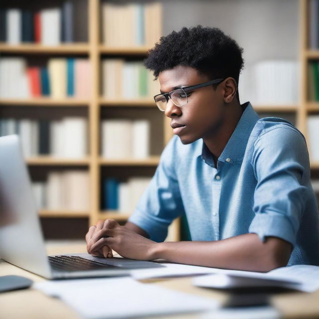 A young man sitting at a desk with a thoughtful expression, surrounded by books and a computer