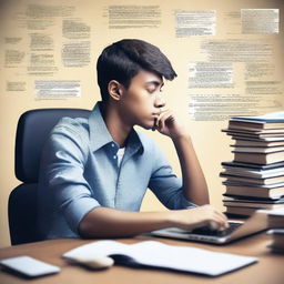 A young man sitting at a desk with a thoughtful expression, surrounded by books and a computer