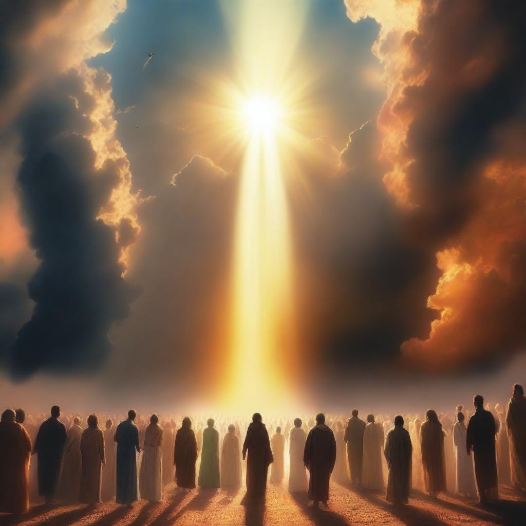 A breathtaking scene of the rapture, with people ascending towards a bright, fiery light in the sky