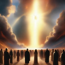 A breathtaking scene of the rapture, with people ascending towards a bright, fiery light in the sky