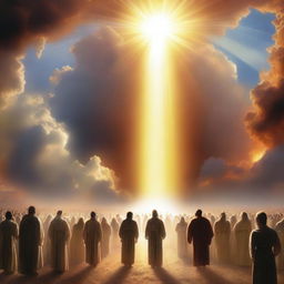 A breathtaking scene of the rapture, with people ascending towards a bright, fiery light in the sky