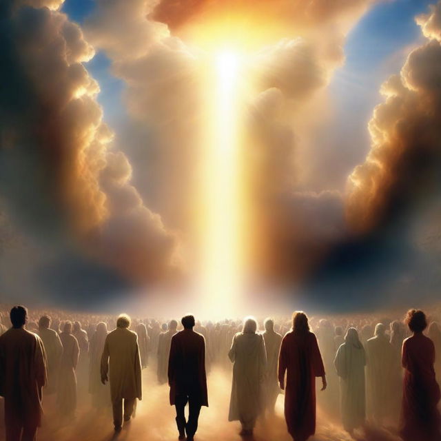 A breathtaking scene of the rapture, with people ascending towards a bright, fiery light in the sky