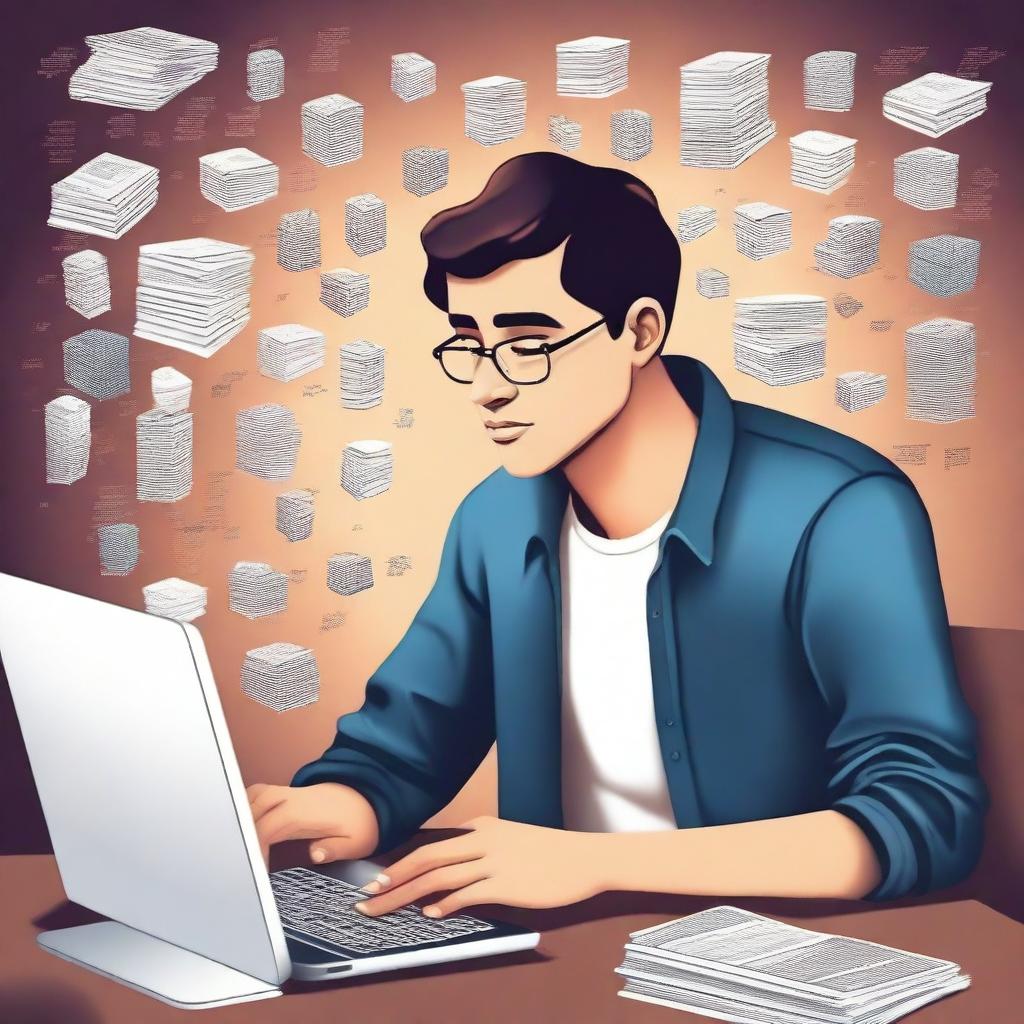 A young man sitting at a desk with a thoughtful expression, surrounded by books and a computer