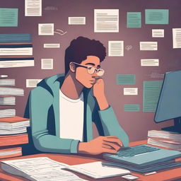 A young man sitting at a desk with a thoughtful expression, surrounded by books and a computer