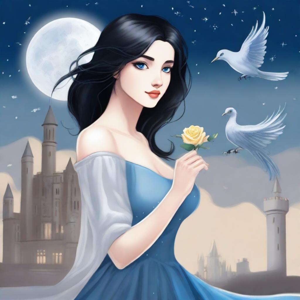 A beautiful woman with black hair and blue eyes is standing in a castle, holding an almost stainless steel gray rose