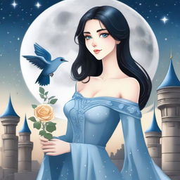 A beautiful woman with black hair and blue eyes is standing in a castle, holding an almost stainless steel gray rose