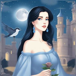 A beautiful woman with black hair and blue eyes is standing in a castle, holding an almost stainless steel gray rose