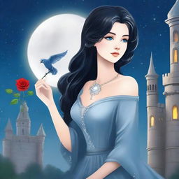 A beautiful woman with black hair and blue eyes is standing in a castle, holding an almost stainless steel gray rose