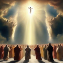 A breathtaking scene of the rapture, with people ascending towards a bright, fiery light in the sky