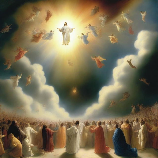 A breathtaking scene of the rapture, with people ascending towards a bright, fiery light in the sky