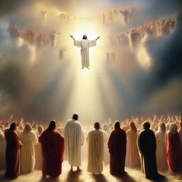 A breathtaking scene of the rapture, with people ascending towards a bright, fiery light in the sky