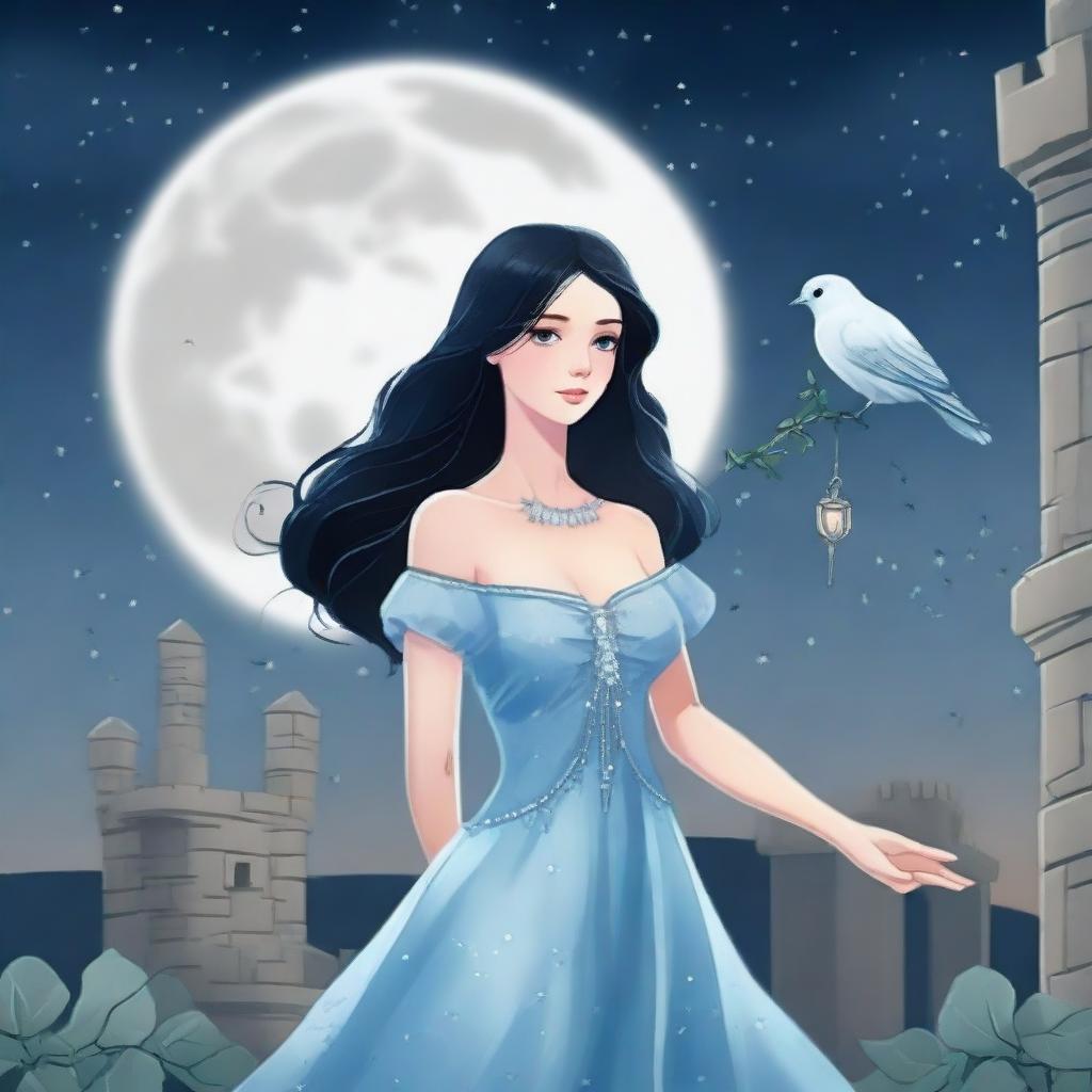 A beautiful woman with black hair and blue eyes is standing in a castle, holding an almost silver lead-colored rose