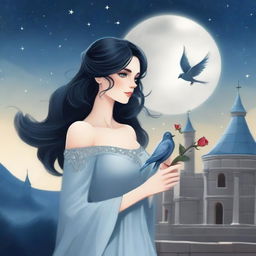 A beautiful woman with black hair and blue eyes is standing in a castle, holding an almost silver lead-colored rose