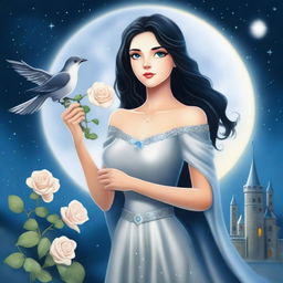 A beautiful woman with black hair and blue eyes is standing in a castle, holding an almost silver lead-colored rose