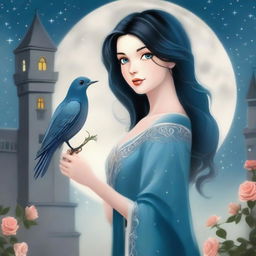 A beautiful woman with black hair and blue eyes is standing in a castle, holding an almost silver lead-colored rose