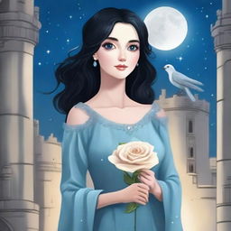 A beautiful woman with black hair and blue eyes is standing in a castle, holding a silver lead-colored rose