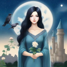 A beautiful woman with black hair and blue eyes is standing in a castle, holding a silver lead-colored rose