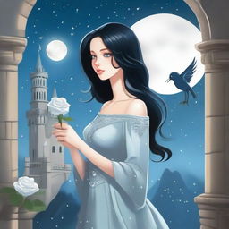 A beautiful woman with black hair and blue eyes is standing in a castle, holding a silver lead-colored rose